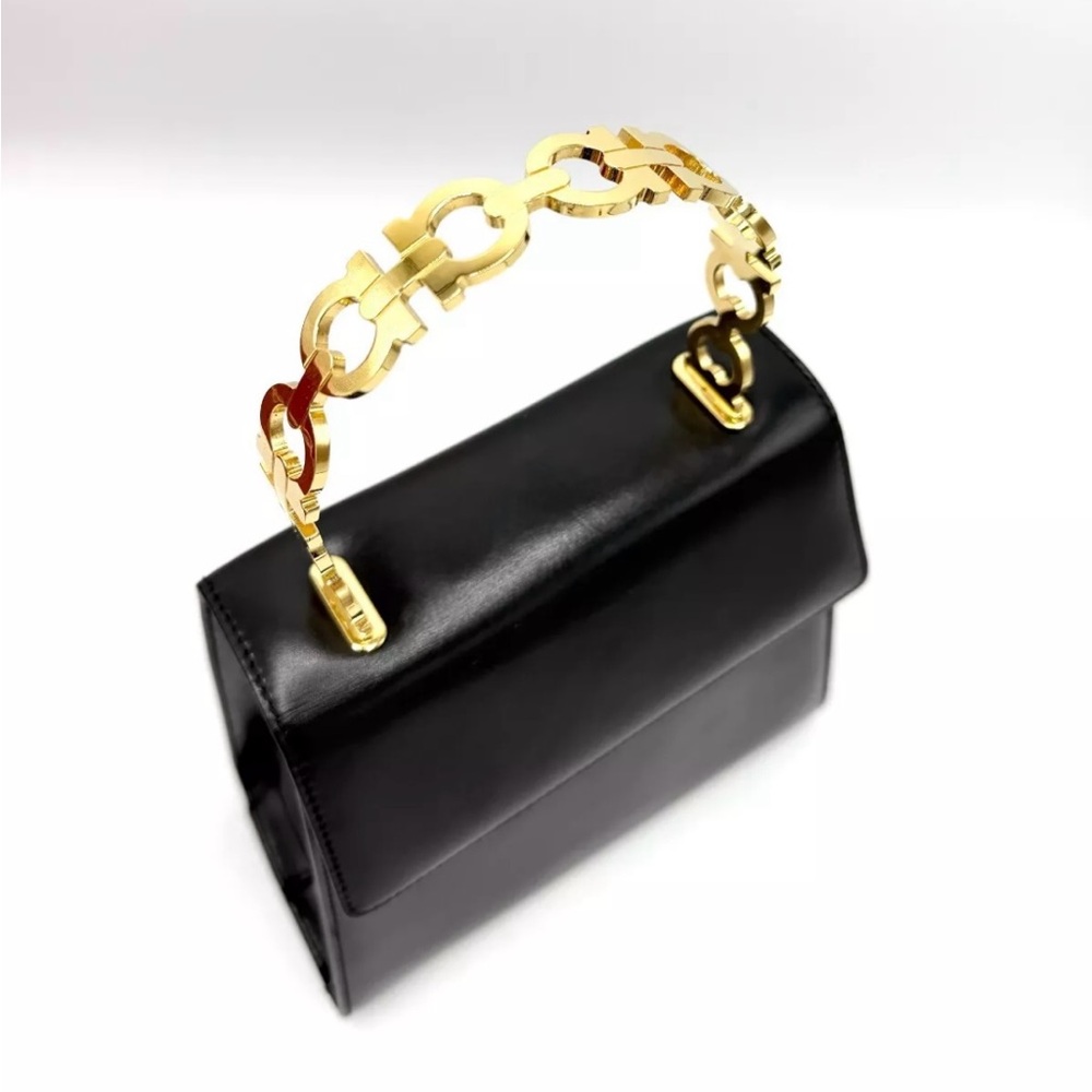 Ferragamo Vintage Black and Gold Three-Way Bag with Gold Gancini Top Handle
